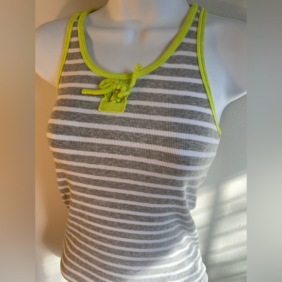 P.S. Large (10-12) Kids Tank Top Gray with Neon Green Stripes - Picture 3 of 6